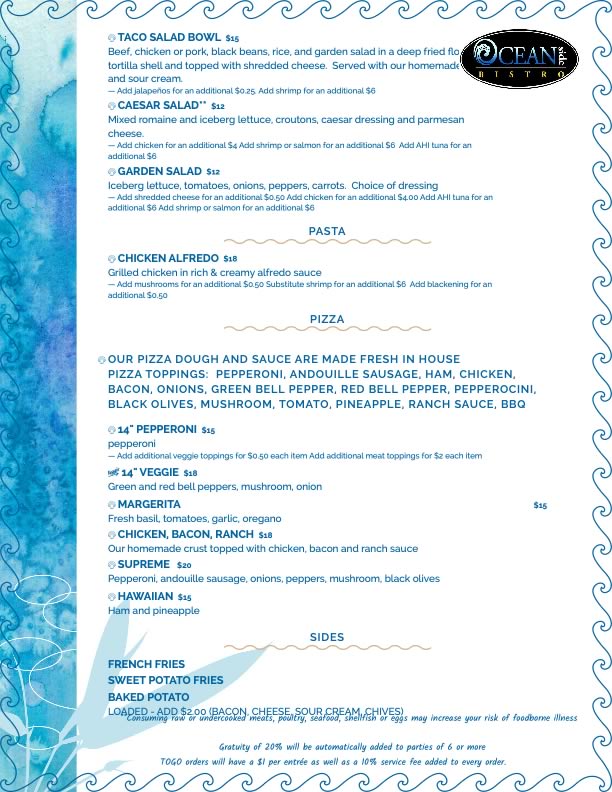 lunch and dinner menu of oceanside bistro