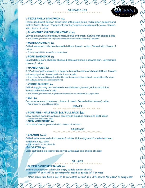 lunch and dinner menu of oceanside bistro