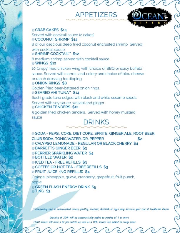 appetizer menu of oceanside bistro